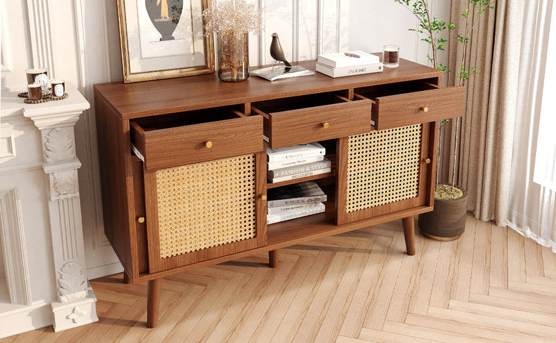 Commode Buffet Moderne Noyer avec 3 Tiroirs et 3 Portes Coulissantes UGELL