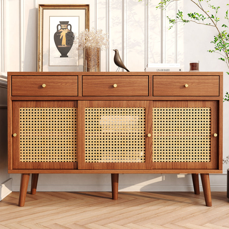 Commode Buffet Moderne Noyer avec 3 Tiroirs et 3 Portes Coulissantes UGELL