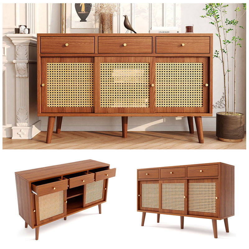 Commode Buffet Moderne Noyer avec 3 Tiroirs et 3 Portes Coulissantes UGELL