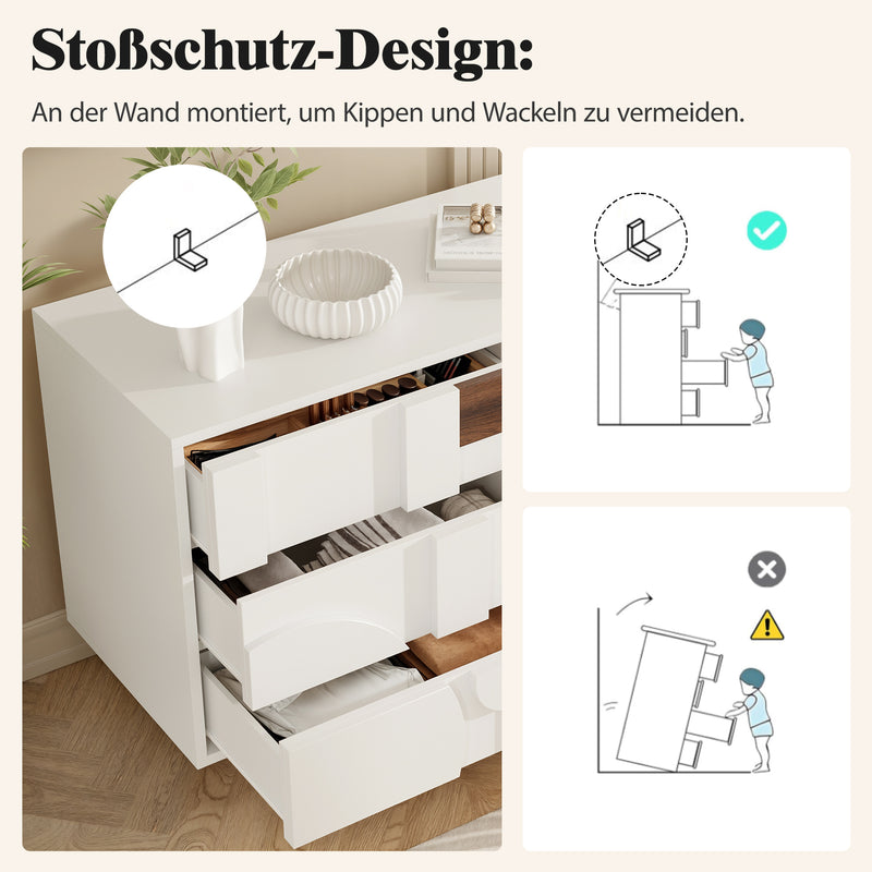 Buffet Blanc Design Géométrique avec 6 Tiroirs Push-Open et Finition Noyer UMPHU