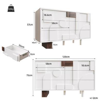 Buffet Blanc Design Géométrique avec 6 Tiroirs Push-Open et Finition Noyer UMPHU