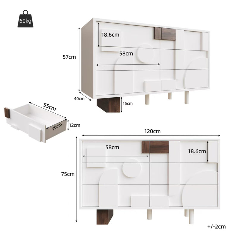 Buffet Blanc Design Géométrique avec 6 Tiroirs Push-Open et Finition Noyer UMPHU