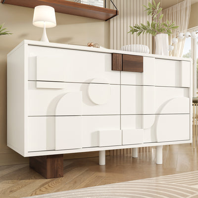 Buffet Blanc Design Géométrique avec 6 Tiroirs Push-Open et Finition Noyer UMPHU