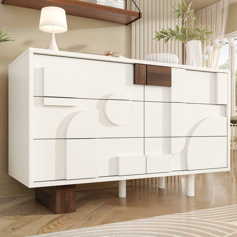 Buffet Blanc Design Géométrique avec 6 Tiroirs Push-Open et Finition Noyer UMPHU