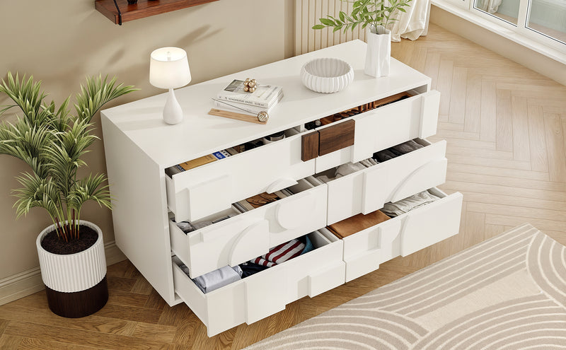 Buffet Blanc Design Géométrique avec 6 Tiroirs Push-Open et Finition Noyer UMPHU