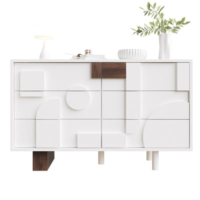 Buffet Blanc Design Géométrique avec 6 Tiroirs Push-Open et Finition Noyer UMPHU