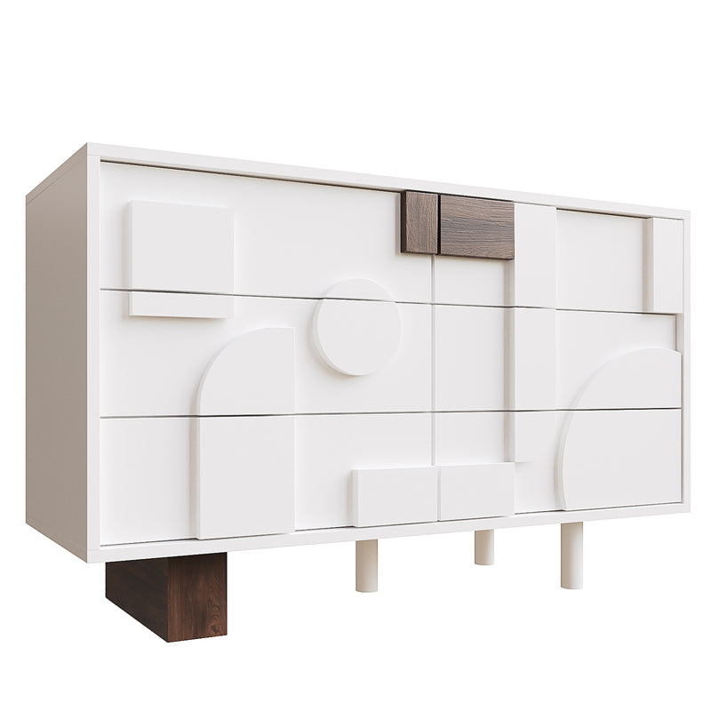 Buffet Blanc Design Géométrique avec 6 Tiroirs Push-Open et Finition Noyer UMPHU