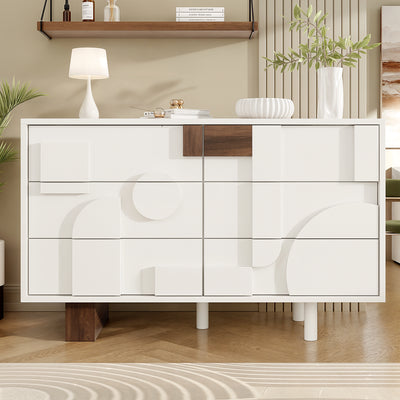 Buffet Blanc Design Géométrique avec 6 Tiroirs Push-Open et Finition Noyer UMPHU