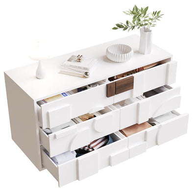 Buffet Blanc Design Géométrique avec 6 Tiroirs Push-Open et Finition Noyer UMPHU