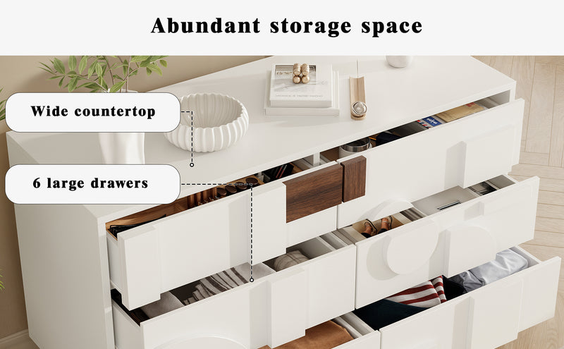 Buffet Blanc Design Géométrique avec 6 Tiroirs Push-Open et Finition Noyer UMPHU