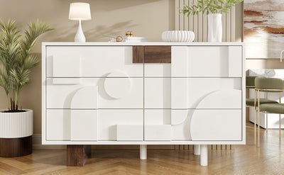 Buffet Blanc Design Géométrique avec 6 Tiroirs Push-Open et Finition Noyer UMPHU