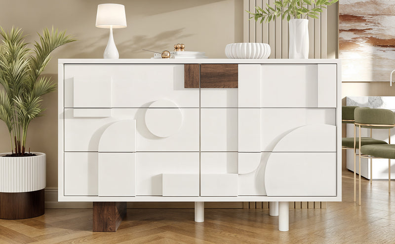 Buffet Blanc Design Géométrique avec 6 Tiroirs Push-Open et Finition Noyer UMPHU