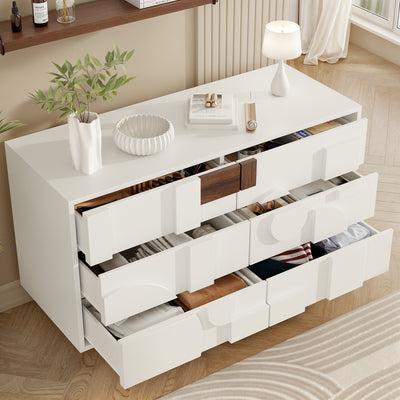 Buffet Blanc Design Géométrique avec 6 Tiroirs Push-Open et Finition Noyer UMPHU
