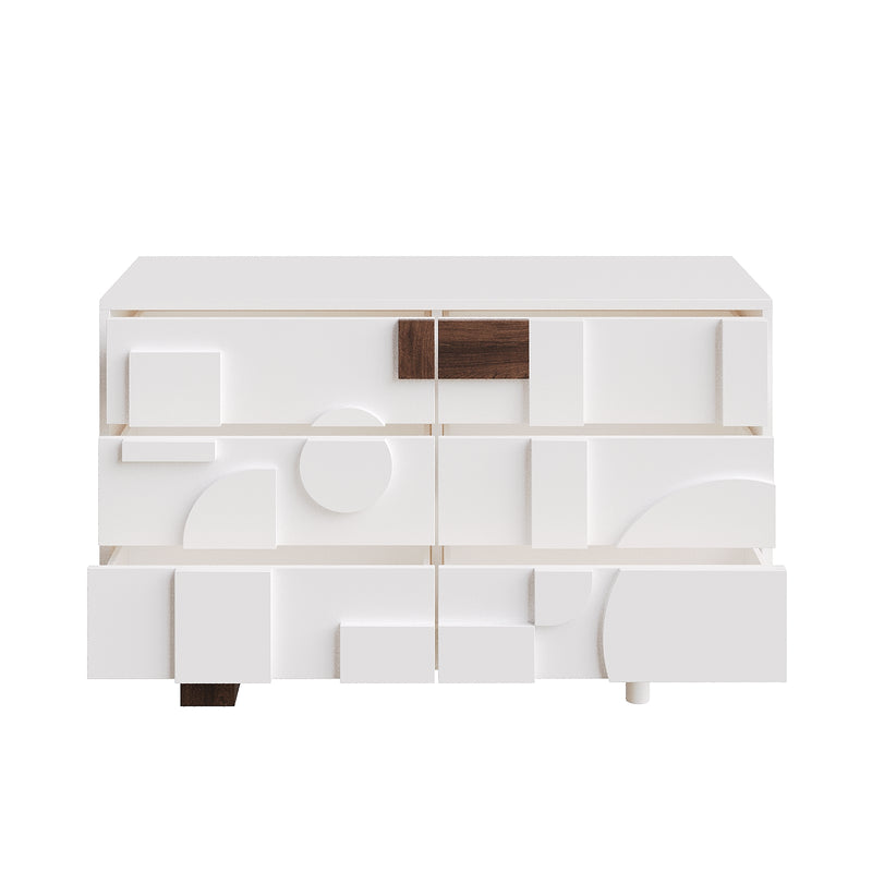 Buffet Blanc Design Géométrique avec 6 Tiroirs Push-Open et Finition Noyer UMPHU