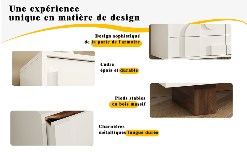 Buffet Blanc Design Géométrique avec 6 Tiroirs Push-Open et Finition Noyer UMPHU