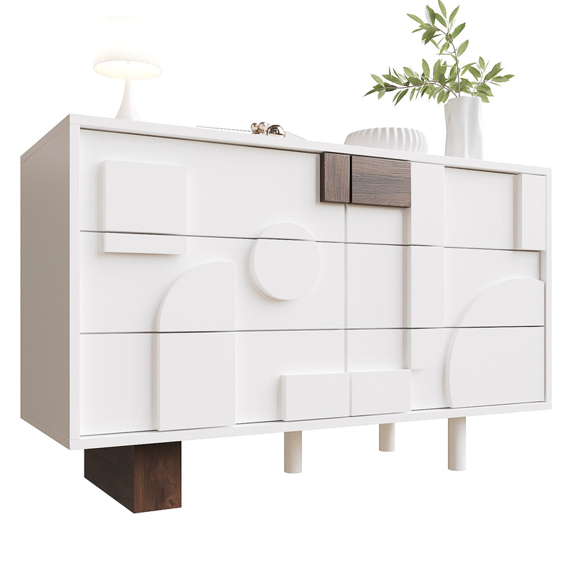 Buffet Blanc Design Géométrique avec 6 Tiroirs Push-Open et Finition Noyer UMPHU
