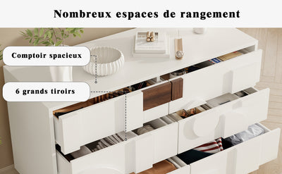 Buffet Blanc Design Géométrique avec 6 Tiroirs Push-Open et Finition Noyer UMPHU