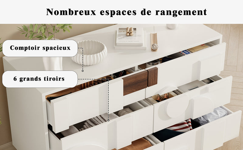 Buffet Blanc Design Géométrique avec 6 Tiroirs Push-Open et Finition Noyer UMPHU