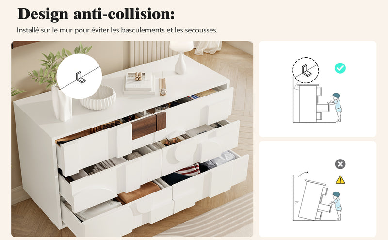 Buffet Blanc Design Géométrique avec 6 Tiroirs Push-Open et Finition Noyer UMPHU