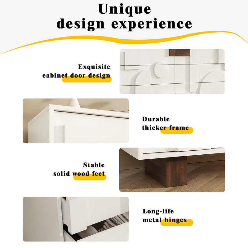 Buffet Blanc Design Géométrique avec 6 Tiroirs Push-Open et Finition Noyer UMPHU