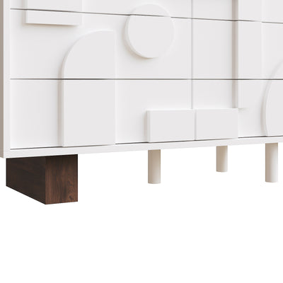 Buffet Blanc Design Géométrique avec 6 Tiroirs Push-Open et Finition Noyer UMPHU