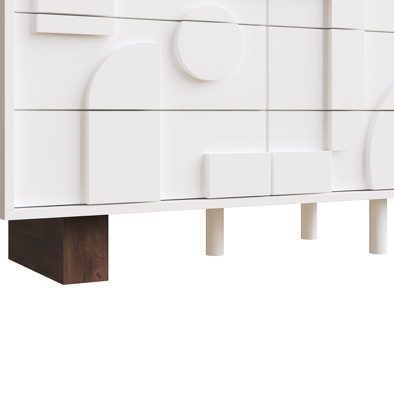 Buffet Blanc Design Géométrique avec 6 Tiroirs Push-Open et Finition Noyer UMPHU