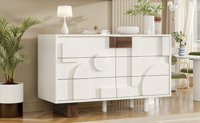 Buffet Blanc Design Géométrique avec 6 Tiroirs Push-Open et Finition Noyer UMPHU