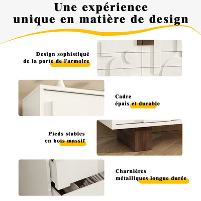 Buffet Blanc Design Géométrique avec 6 Tiroirs Push-Open et Finition Noyer UMPHU