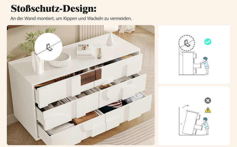 Buffet Blanc Design Géométrique avec 6 Tiroirs Push-Open et Finition Noyer UMPHU