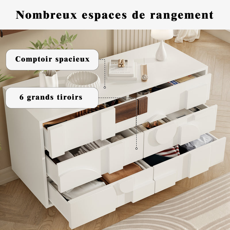 Buffet Blanc Design Géométrique avec 6 Tiroirs Push-Open et Finition Noyer UMPHU