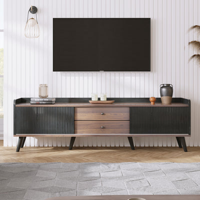 Meuble TV Moderne Noir et Bois avec Portes Coulissantes Rainurées et Rangement Optimisé UNGRUDS