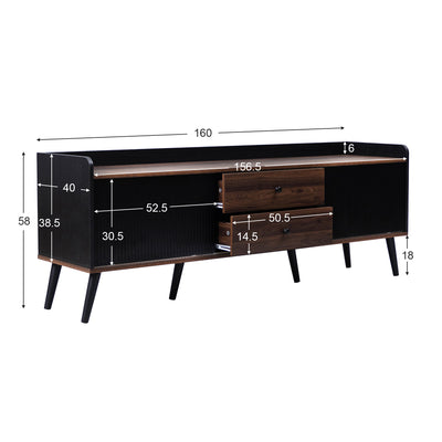 Meuble TV Moderne Noir et Bois avec Portes Coulissantes Rainurées et Rangement Optimisé UNGRUDS