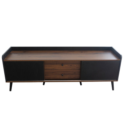 Meuble TV Moderne Noir et Bois avec Portes Coulissantes Rainurées et Rangement Optimisé UNGRUDS