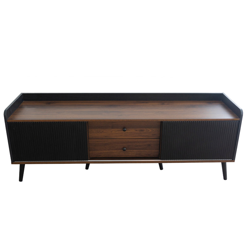 Meuble TV Moderne Noir et Bois avec Portes Coulissantes Rainurées et Rangement Optimisé UNGRUDS