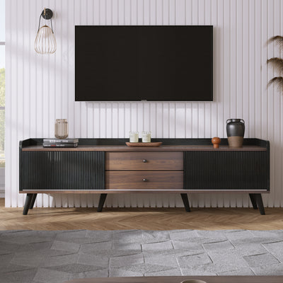 Meuble TV Moderne Noir et Bois avec Portes Coulissantes Rainurées et Rangement Optimisé UNGRUDS