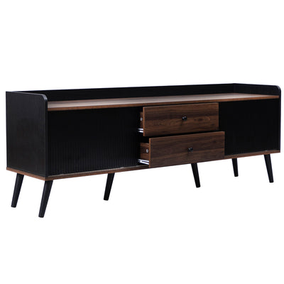 Meuble TV Moderne Noir et Bois avec Portes Coulissantes Rainurées et Rangement Optimisé UNGRUDS