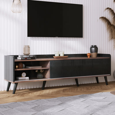 Meuble TV Moderne Noir et Bois avec Portes Coulissantes Rainurées et Rangement Optimisé UNGRUDS