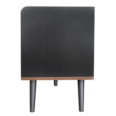 Meuble TV Moderne Noir et Bois avec Portes Coulissantes Rainurées et Rangement Optimisé UNGRUDS