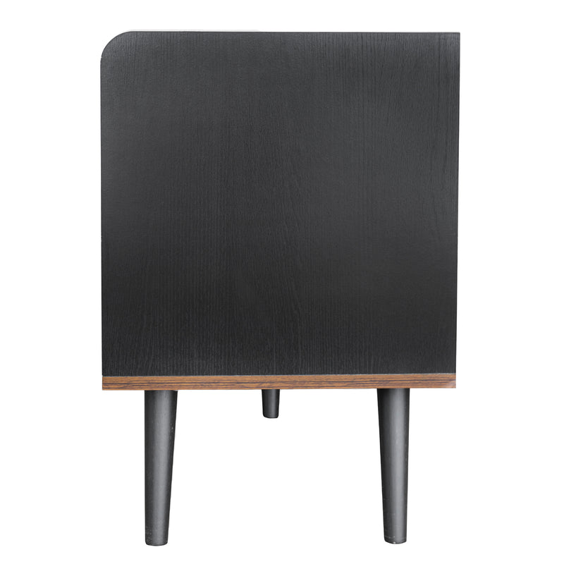 Meuble TV Moderne Noir et Bois avec Portes Coulissantes Rainurées et Rangement Optimisé UNGRUDS