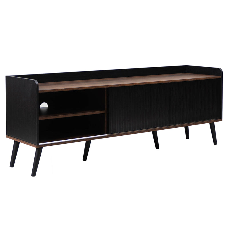 Meuble TV Moderne Noir et Bois avec Portes Coulissantes Rainurées et Rangement Optimisé UNGRUDS