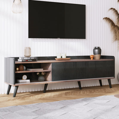 Meuble TV Moderne Noir et Bois avec Portes Coulissantes Rainurées et Rangement Optimisé UNGRUDS
