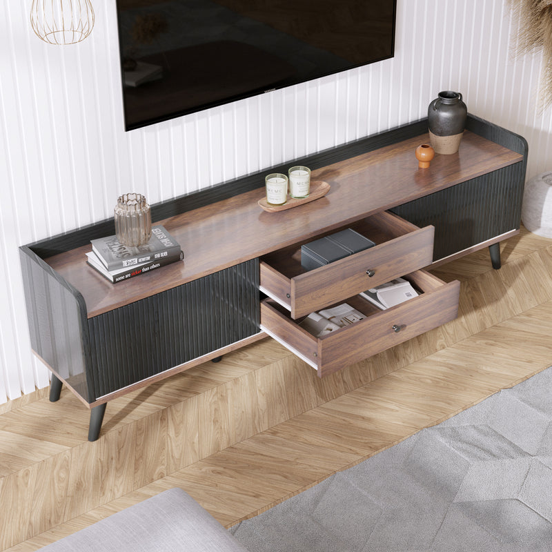 Meuble TV Moderne Noir et Bois avec Portes Coulissantes Rainurées et Rangement Optimisé UNGRUDS