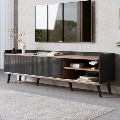 Meuble TV Moderne Noir et Bois avec Portes Coulissantes Rainurées et Rangement Optimisé UNGRUDS