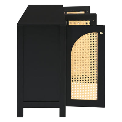 Buffet Design Unique Noir avec 4 Portes en Rotin Artificiel Courbé - Rangement Polyvalent UNNEL
