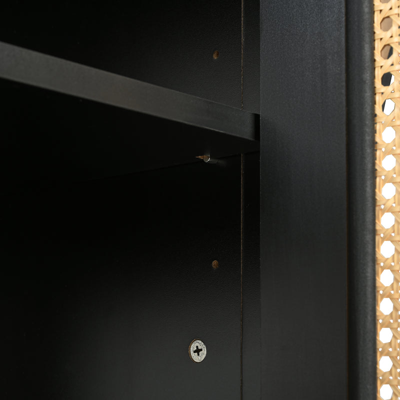 Buffet Design Unique Noir avec 4 Portes en Rotin Artificiel Courbé - Rangement Polyvalent UNNEL
