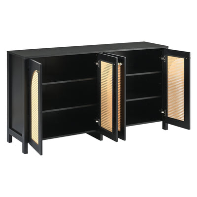 Buffet Design Unique Noir avec 4 Portes en Rotin Artificiel Courbé - Rangement Polyvalent UNNEL