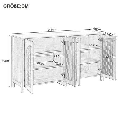 Buffet Design Unique Noir avec 4 Portes en Rotin Artificiel Courbé - Rangement Polyvalent UNNEL