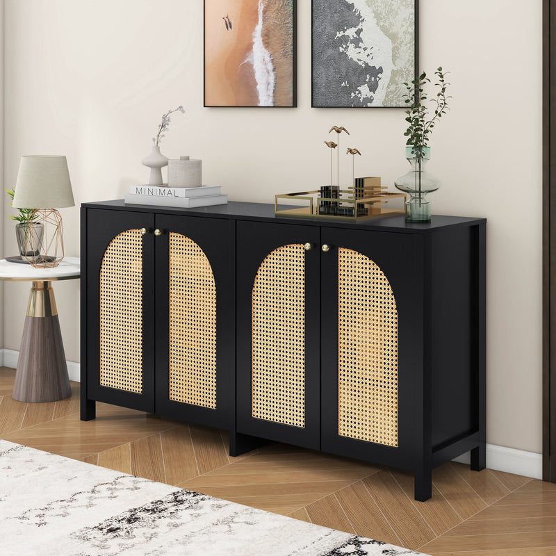 Buffet Design Unique Noir avec 4 Portes en Rotin Artificiel Courbé - Rangement Polyvalent UNNEL