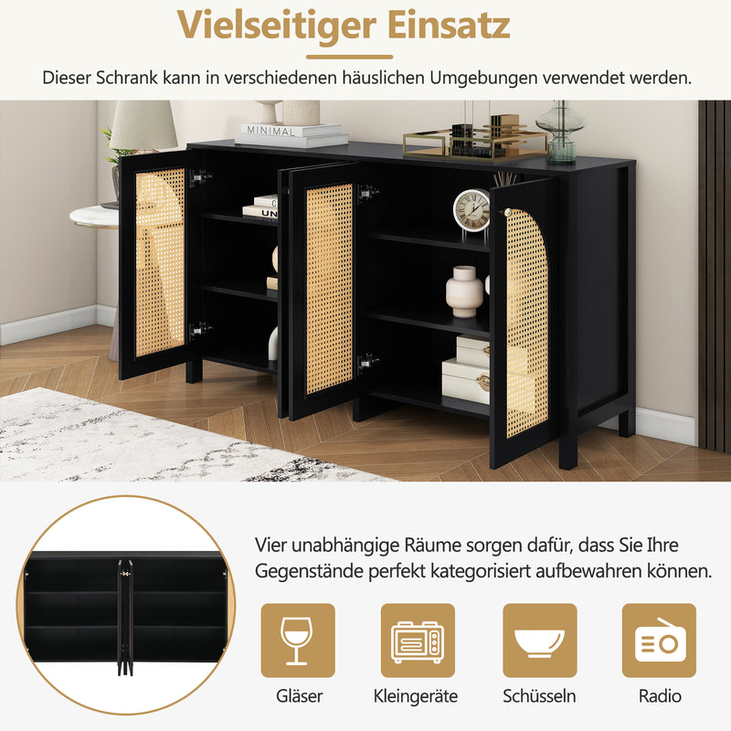Buffet Design Unique Noir avec 4 Portes en Rotin Artificiel Courbé - Rangement Polyvalent UNNEL