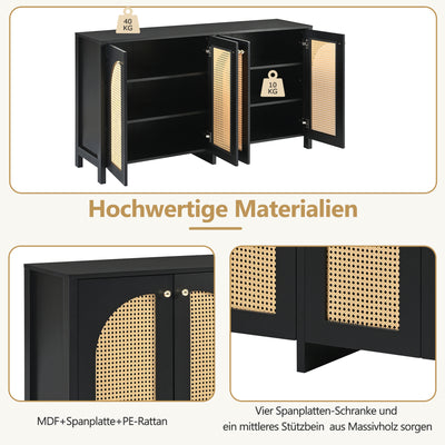 Buffet Design Unique Noir avec 4 Portes en Rotin Artificiel Courbé - Rangement Polyvalent UNNEL